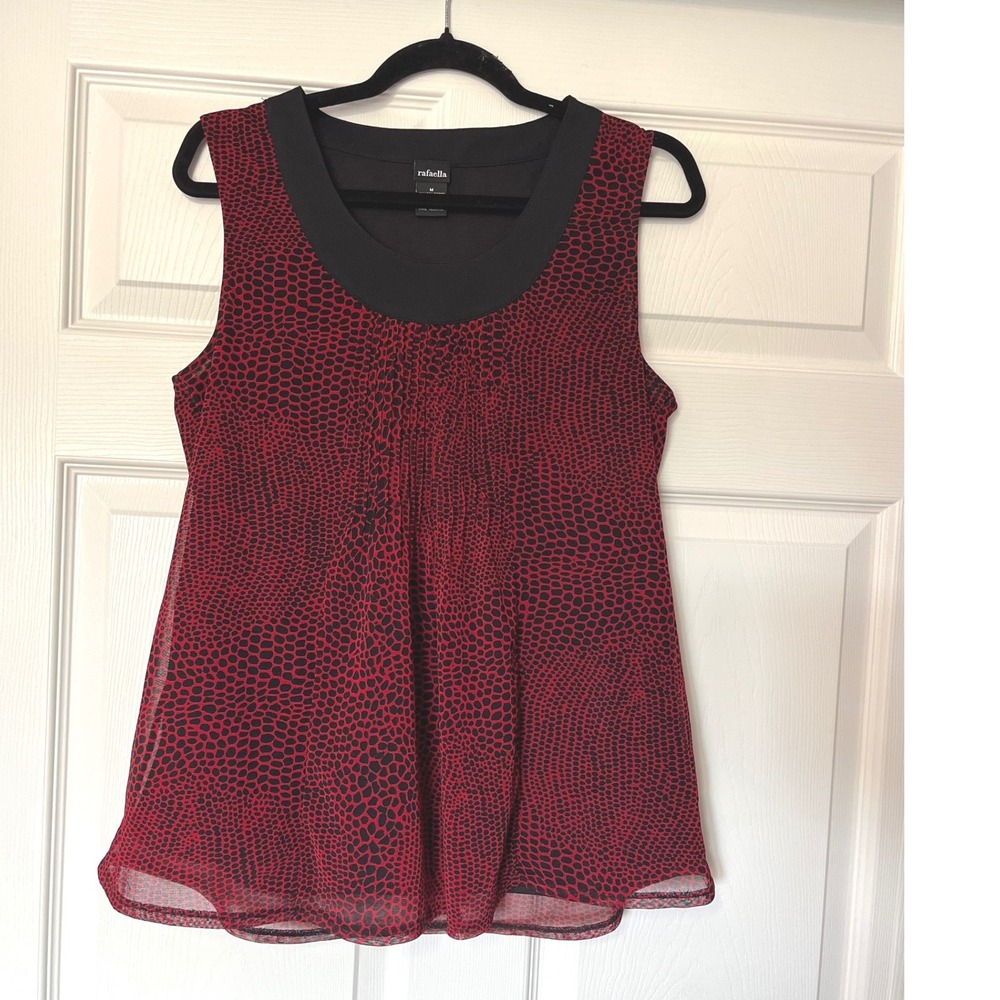 Rafaella Womens Red Black Pebble Print Sleeveless Pleated Chiffon Blouse Size‎ M